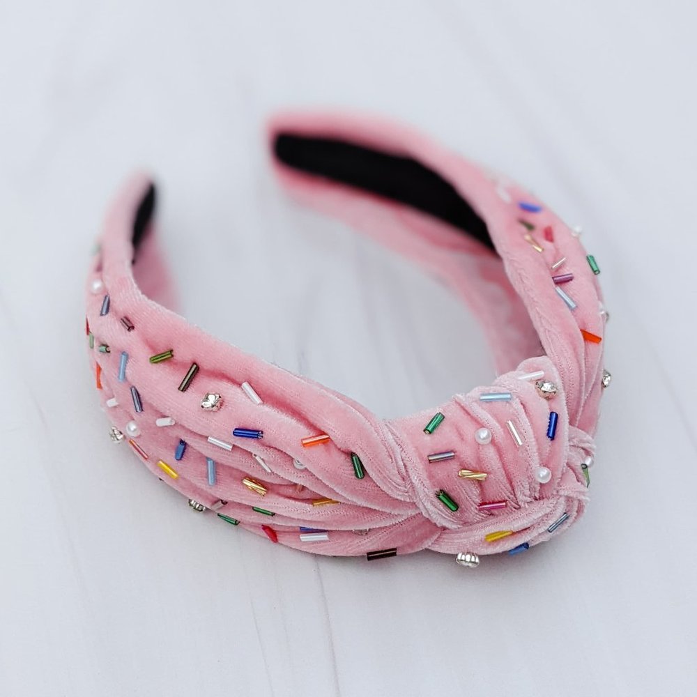 Pink Velvet Knot Headband with Sprinkles Pearls and Crystals Rainbow Confetti